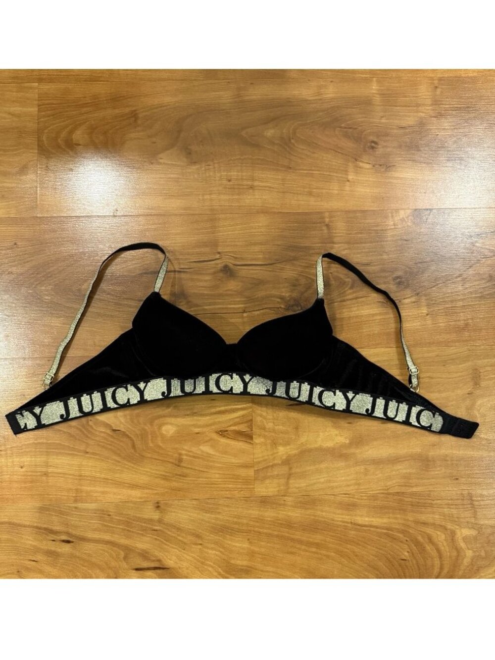 VTG Juicy Couture Sexy Push Up Black Velour Gold Logo Banded Bra 34B